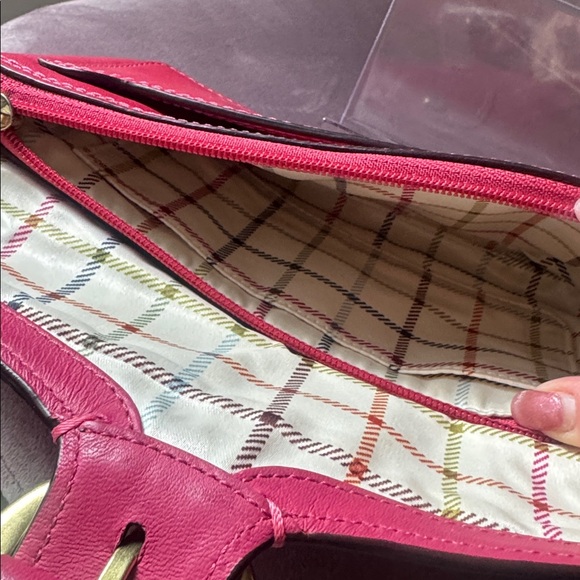 Coach Bleecker Burnished Leather Fuchsia Pink Buckle Clutch Wristlet Tattersall - Picture 7 of 8